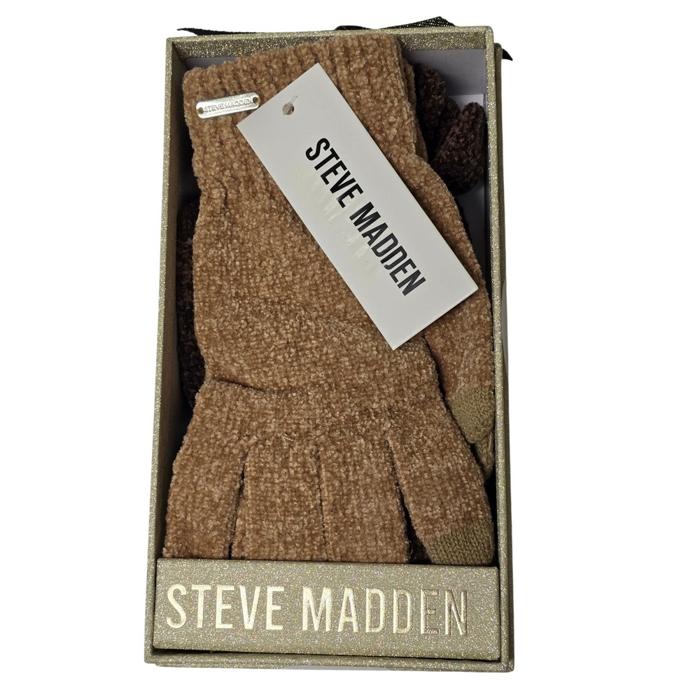 Steve Madden 3 Pack Chenille Knit Tech Gloves Biscotti Brown Black NWT Gift Box
